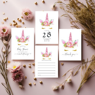 Tarjeta De Agradecimiento Baby Shower Pink Floral Unicornio