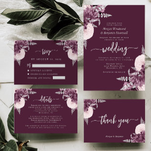 Tarjeta De Agradecimiento Boda Floral de Tinta Plateada Malva