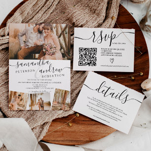 Invitación Modern white minimalist script 5 photos wedding