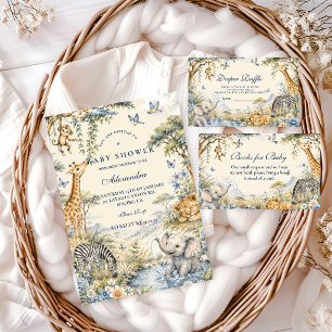 Invitación Chorreo Botánico Azul Safari Niño Baby Shower