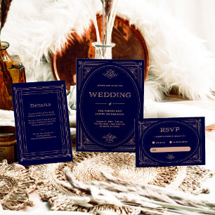 Invitación Deco moderno   Faux Rosa Gold y Navy Blue Boda