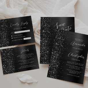 Invitación Boda de Letra Brillante de Metal Pulido Negro Glam