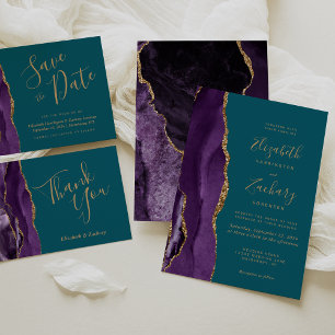 Invitación Boda Verde azulado de la Agate de Oro Morado Moder