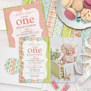 Invitación Shabby Cottage Foto de cumpleaños de bebé rosa ros