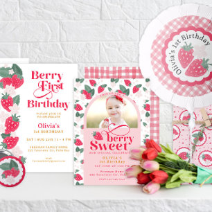 Invitación Berry Sweet Strawberry 1er cumpleaños Fiesta Pink 
