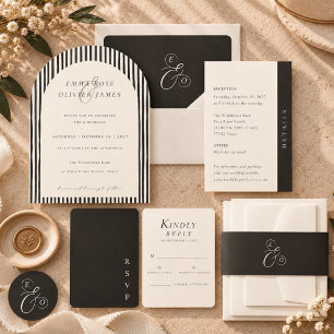 Invitación Boda minimalista boho negro rayas marfil
