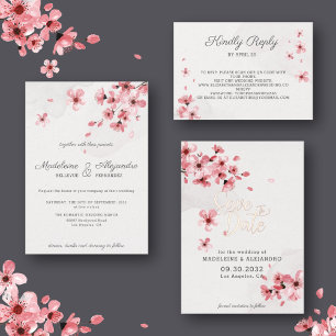 Invitación Con Relieve Metalizado Boda romántica en flor de cerezo rosa Ahorra la fe