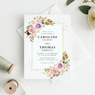 invitación de boda floral de lavanda morada y rubo