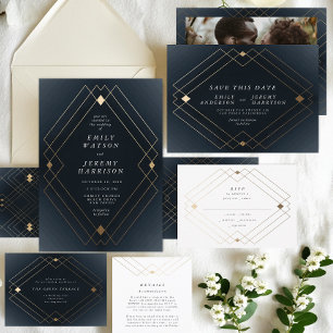 Tarjeta De Recepción Boda de gatsby de deco geométrico de la marina de 