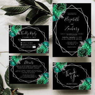 Tarjeta De Agradecimiento Boda negro de floral verde esmeralda
