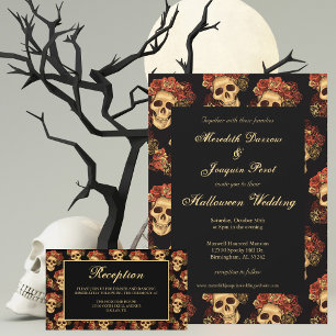 Invitación Cráneo gótico Rojo negro Roses Boda de Halloween