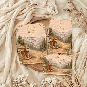 Tarjeta De Agradecimiento Boda con Botas de Vaquero de Bosque de Montaña