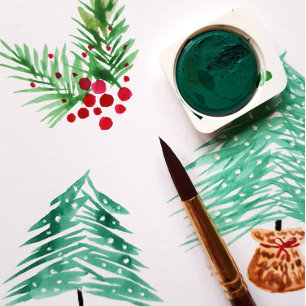 Postal Festiva Wreath De Pino Pintado A Mano Y Berry Rojo