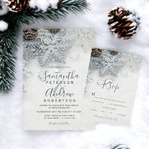 Invitación Tríptica Boda de tipografía de nieve plateada de invierno