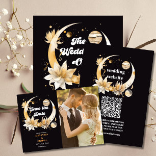 Invitación Boda místico de estrellas celestes de oro negro