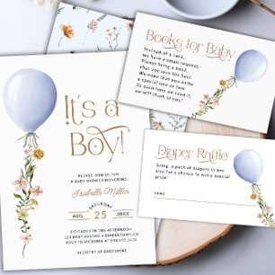 Tarjeta De Recepción Blue Balloon Wildflower Diaper Raffle Baby Shower