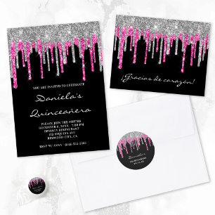 Postal Purpurina rosado de plata negra Drin Quinceañera G
