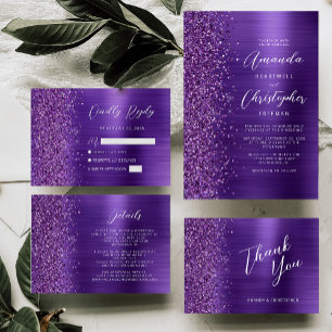 Tarjeta RSVP de Boda de Guión de Purpurina de viol