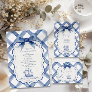 Invitación Moda Boda de Bow Azul de la Marina Náutica