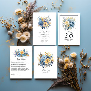 Tarjeta De Mesa Boda Floral Dusty Blue y Gold
