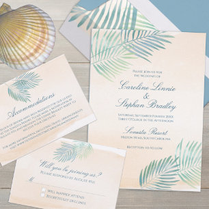 Invitación Boda en la playa de arena y palmeras
