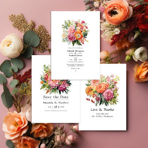Invitación Boda floral rosa, Naranja y verde