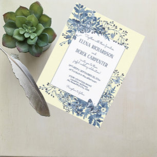Invitación Azul turbio, amarillo pálido Boda acuarela floral