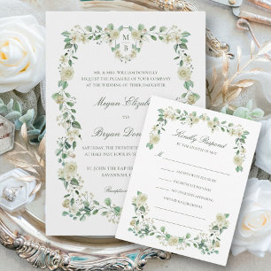 Invitación Megan White Roses Greenery Boda cristiana