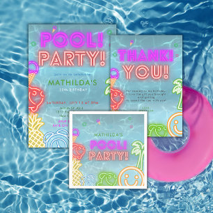 Tarjeta De Agradecimiento Fiesta de Cumpleaños en Piscina con Brillo de Neón