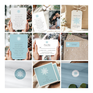 Invitación Boda formal foto de invierno azul con copo de niev