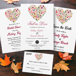 Invitación Todo En Uno Elegante caída deja al Boda floral negro del coraz