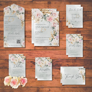 Invitación Todo En Uno Boho Pampas y rosas rosadas Código QR verde