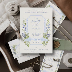 Invitación corona de boda con cresta de jardín azul y verde