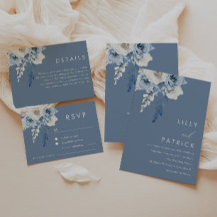 Invitación Boda de acuarela floral Dusty Blue & White Boho