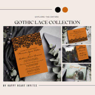 Invitación Boda negro Naranja de Halloween en Gothic Lace