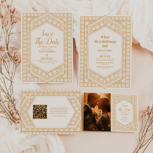 Tarjeta De Recepción Código QR Elegante Boda de Art Deco Geométrico