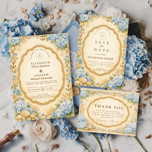 Invitación Boda Vintage Náutica con Hortensias