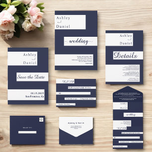Tarjeta De Recepción Elegante Boda minimalista de la Marina Azul blanco