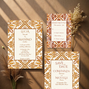 Invitación Boda elegante marrón de Talavera Mexicana con RSVP
