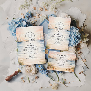Tarjeta De Agradecimiento Boda al atardecer en barco de vela junto al mar