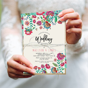 Invitación Flor folclórica rosa brillante boda del boho mexic