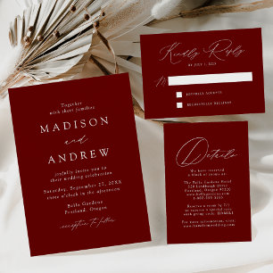 Invitación Elegante Moderno Rojo Vino Monograma Boda