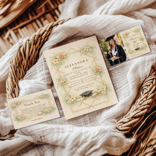 Invitación Elegante Celebración de Graduación Floral Geométri