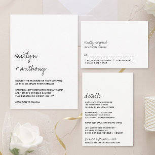 Invitación Todo En Uno Boda minimalista moderna con guión en blanco y neg