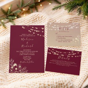 Invitación Todo En Uno Boda de Burgundy Gold String Lights