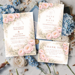 Tarjeta De Agradecimiento Boda de Rosa de Jardín Elegante con Tono Rosado