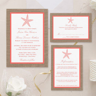Invitación La colección de bodas Coral Starfish Burlap Beach