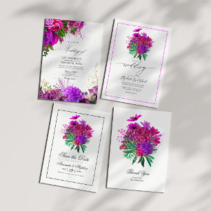 Invitación Boda floral vintage fucsia y púrpura