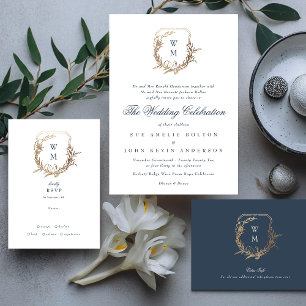 Tarjeta De Confirmación De Asistencia boda escudo de monograma azul de la Marina de oro 