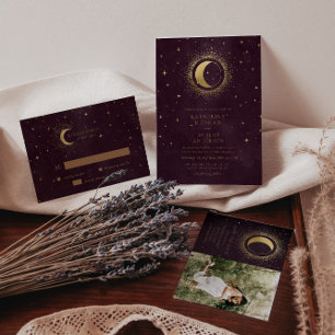 Invitación Boda Celestial Burgundy Gold Moon Y Stars